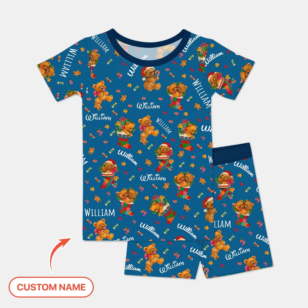 Teddy Bear Merry Christmas Custom Name Two Piece Short Sleeve Shorts Pajama Set