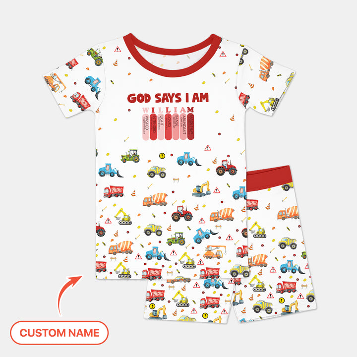 God Says I Am Custom Name Construction Two Piece Short Sleeve Shorts Pajama Set