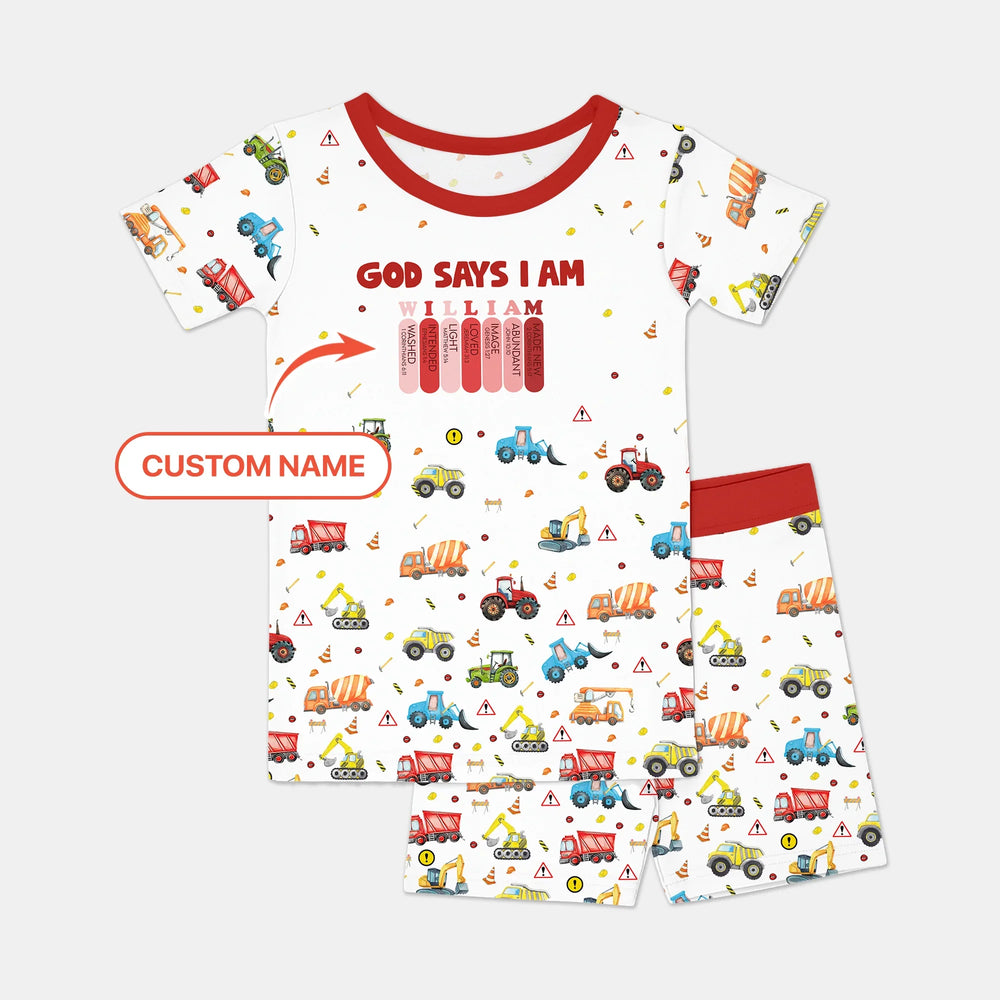 God Says I Am Custom Name Construction Two Piece Short Sleeve Shorts Pajama Set , God Says I Am Custom Name Construction Two Piece Short Sleeve Shorts Pajama Set - 12-18M