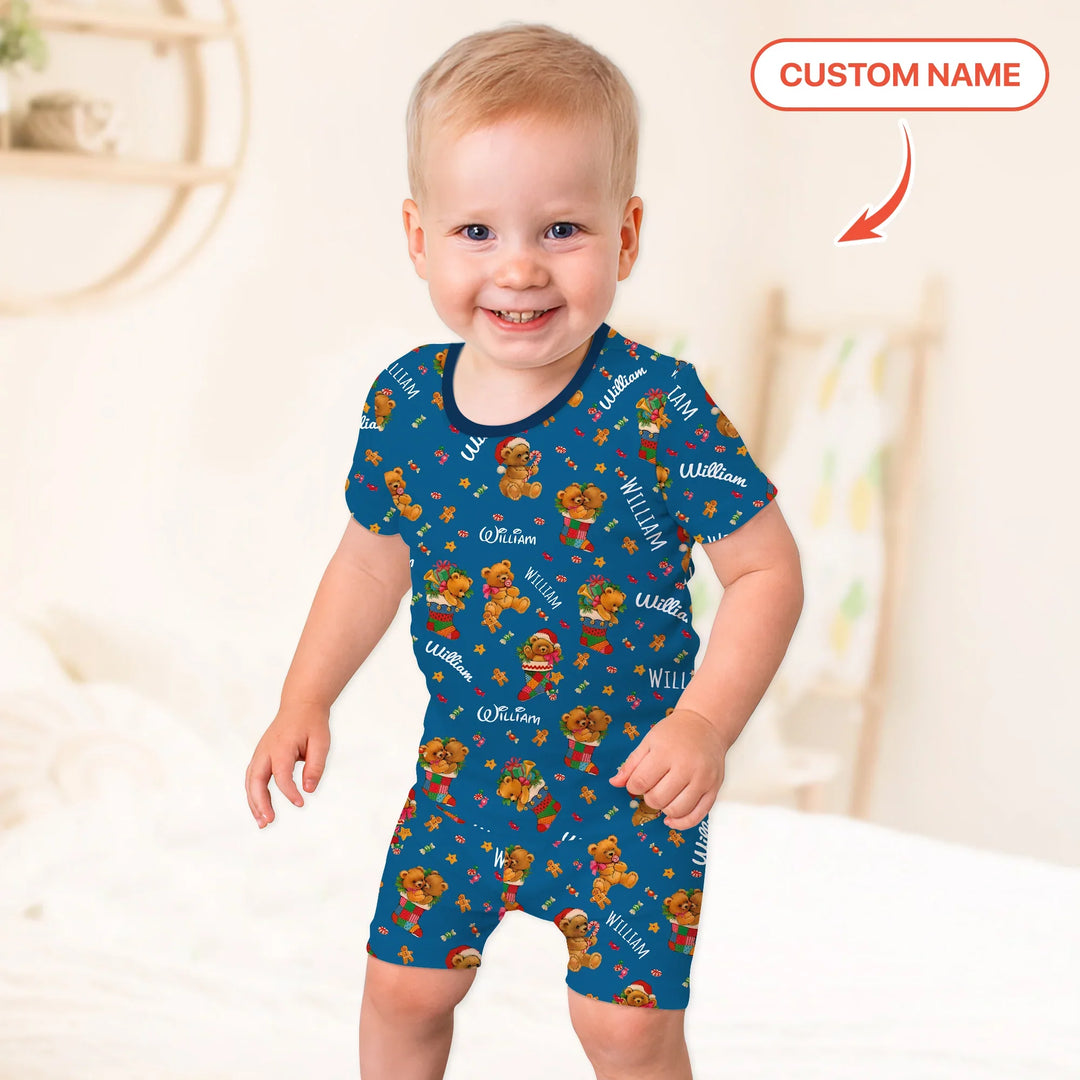 Teddy Bear Merry Christmas Custom Name Two Piece Short Sleeve Shorts Pajama Set