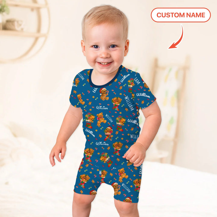 Teddy Bear Merry Christmas Custom Name Two Piece Short Sleeve Shorts Pajama Set