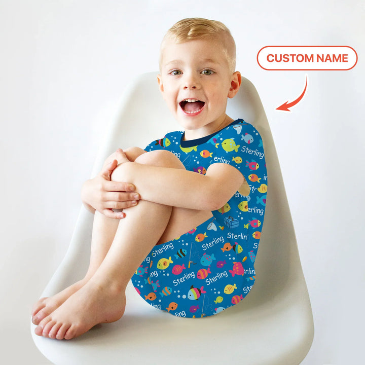 Little Fisher’s Adventure Custom Name Two Piece Short Sleeve Shorts Pajama Set , Little Fisher’s Adventure Custom Name Two Piece Short Sleeve Shorts Pajama Set - 12-18M