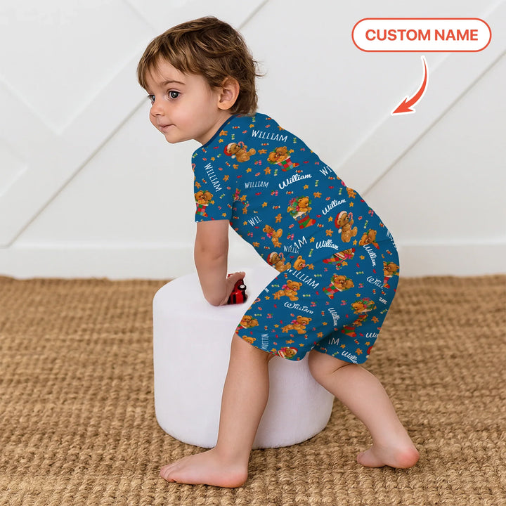 Teddy Bear Merry Christmas Custom Name Two Piece Short Sleeve Shorts Pajama Set