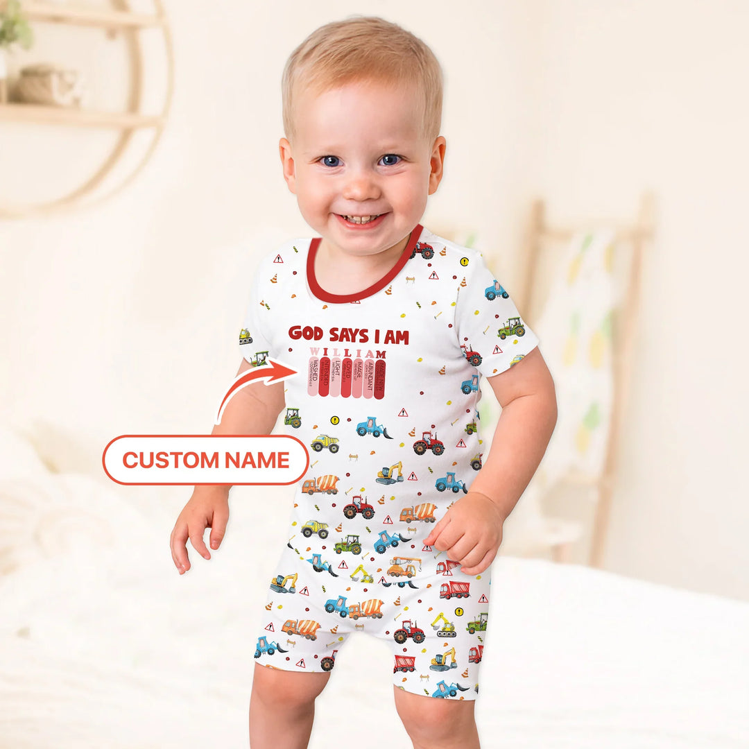 God Says I Am Custom Name Construction Two Piece Short Sleeve Shorts Pajama Set , God Says I Am Custom Name Construction Two Piece Short Sleeve Shorts Pajama Set - 12-18M
