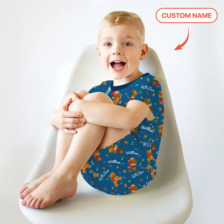 Teddy Bear Merry Christmas Custom Name Two Piece Short Sleeve Shorts Pajama Set