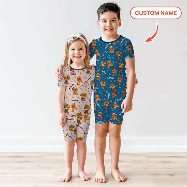 Teddy Bear Merry Christmas Custom Name Two Piece Short Sleeve Shorts Pajama Set
