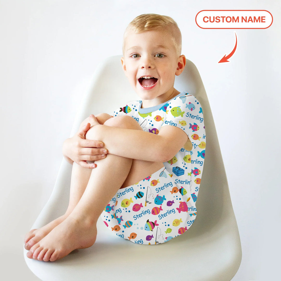 Little Fisher’s Adventure Custom Name Two Piece Short Sleeve Shorts Pajama Set , Little Fisher’s Adventure Custom Name Two Piece Short Sleeve Shorts Pajama Set - 12-18M