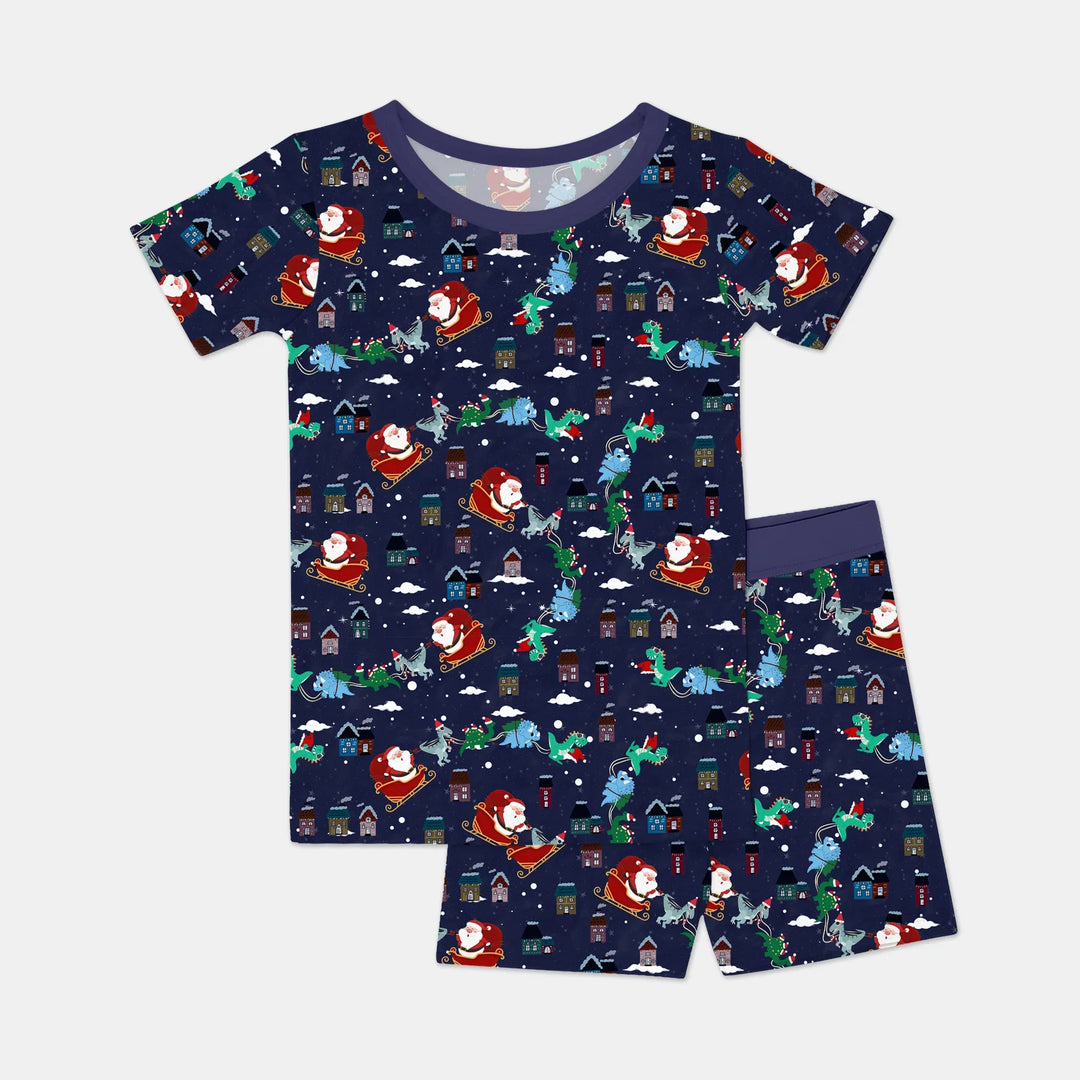 Dinosaurs Santa's sleigh Two Piece Short Sleeve Shorts Pajama Set