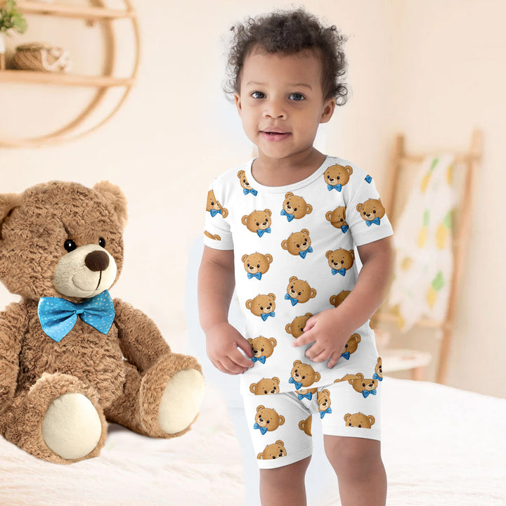 Blue Bow Teddy Bear Head Bamboo Pajama for Baby