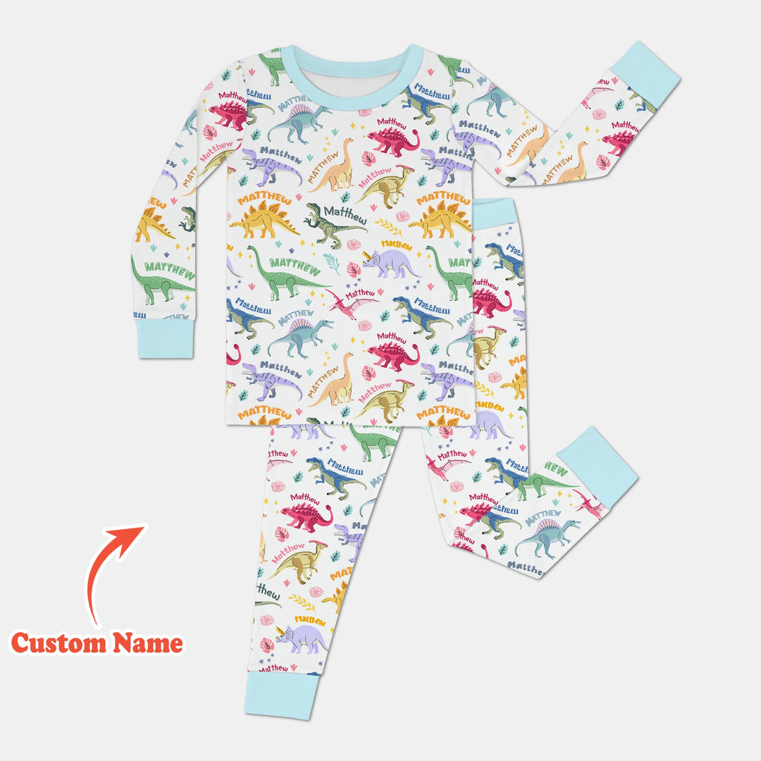 Dino Roar Custom Name Two Piece Long Sleeve Pajama Set