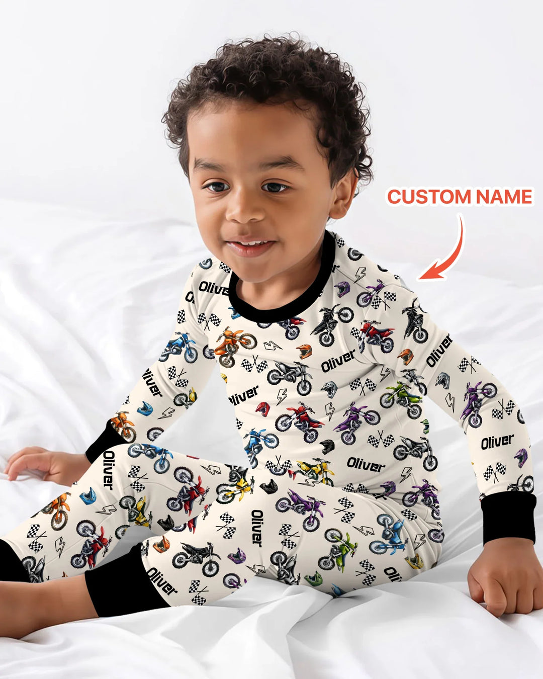 Custom Name Little Dirt Bike Rider Bamboo Two Piece Long Sleeve Pajama Set