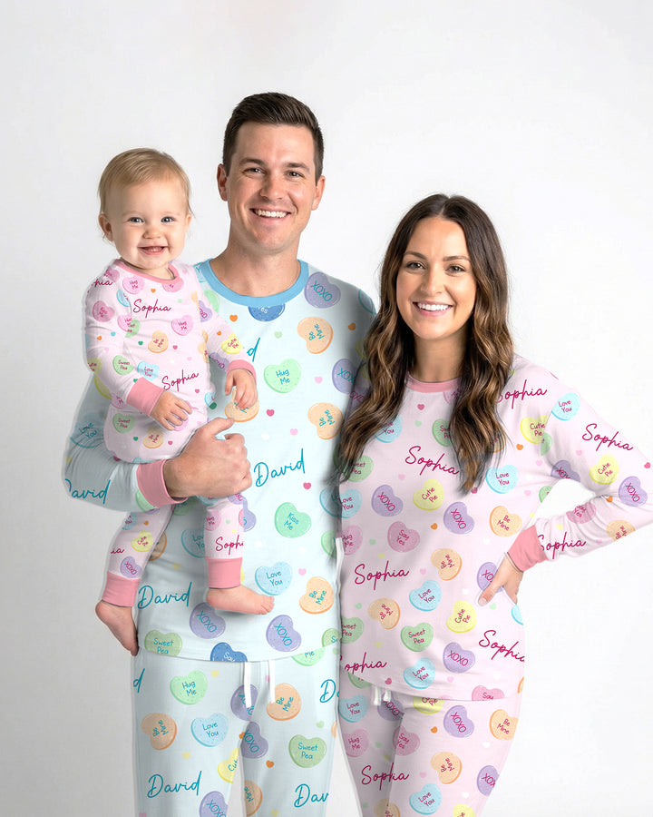 Custom Name Colorful Candy Hearts Family Matching Men's Pajama Set