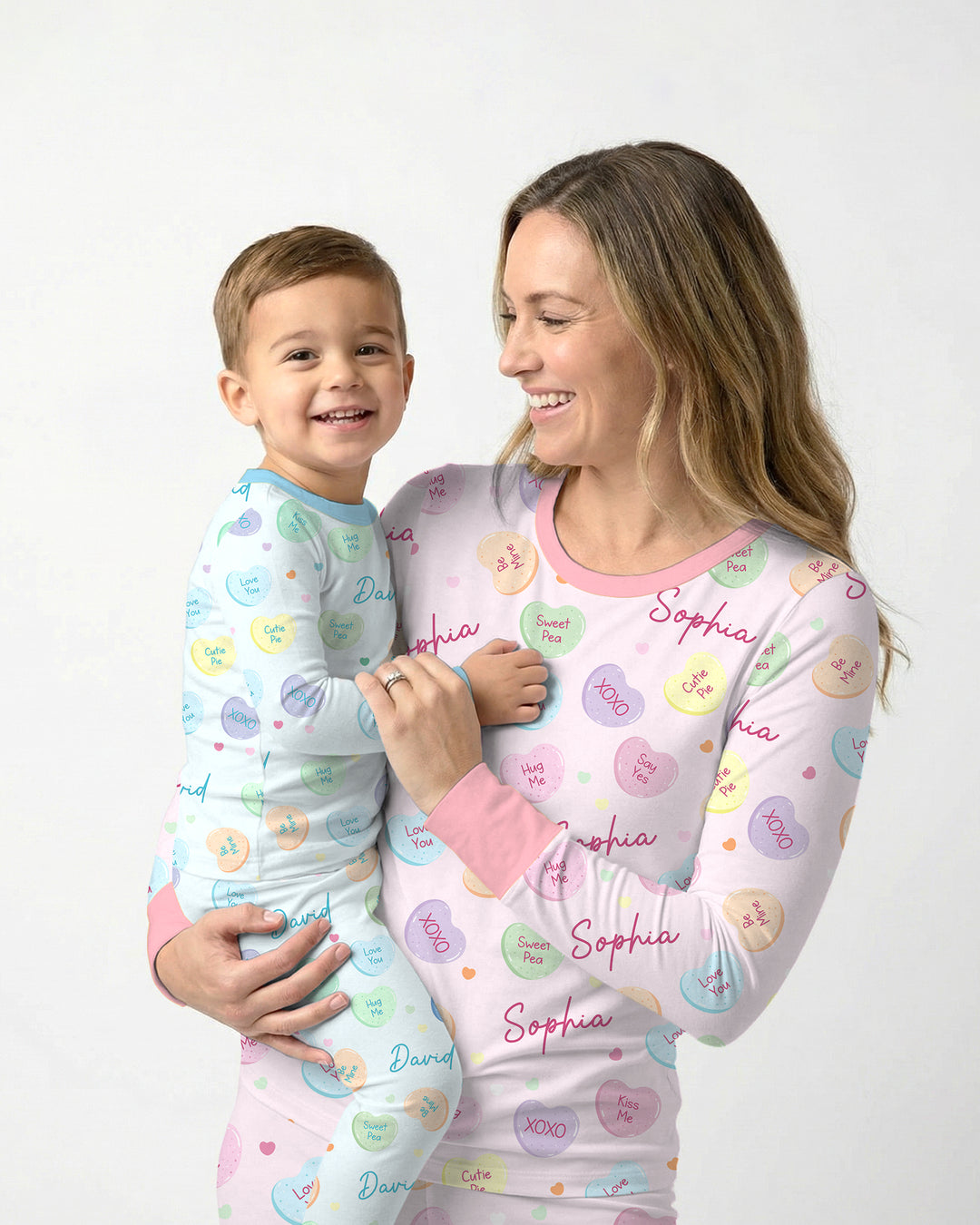 Custom Name Colorful Candy Hearts Family Matching Two Piece Long Sleeve Pajama Set