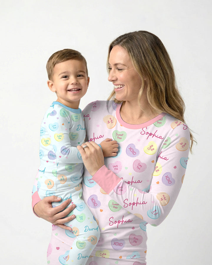 Custom Name Colorful Candy Hearts Family Matching Two Piece Long Sleeve Pajama Set