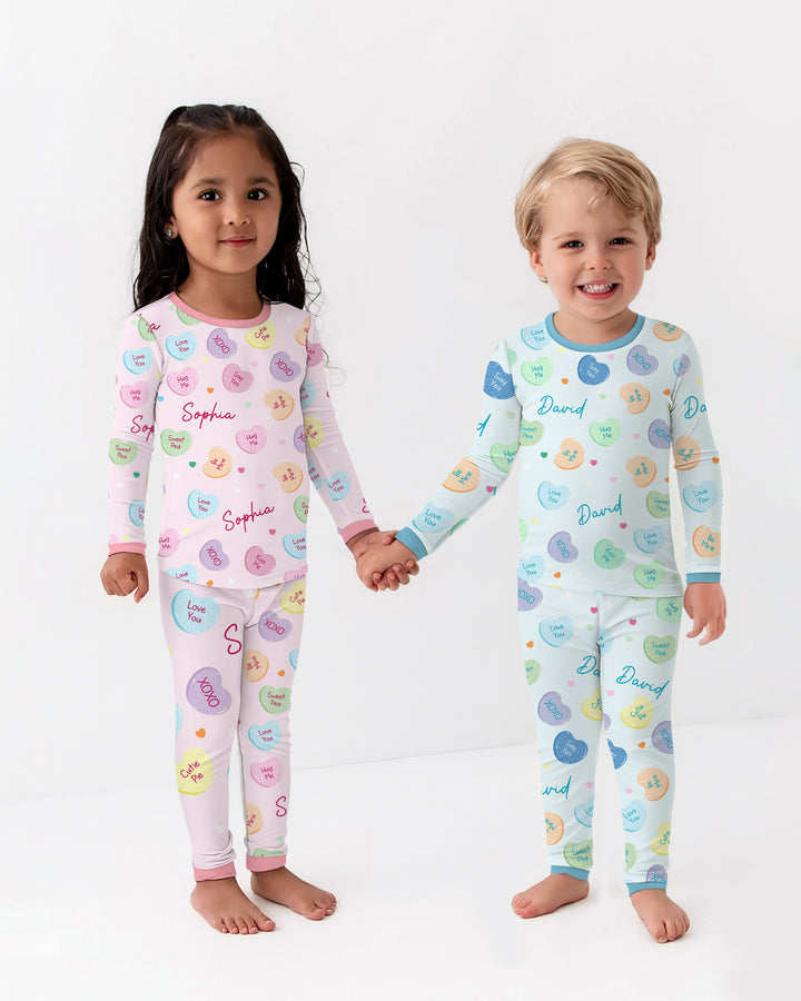Custom Name Colorful Candy Hearts Family Matching Two Piece Long Sleeve Pajama Set