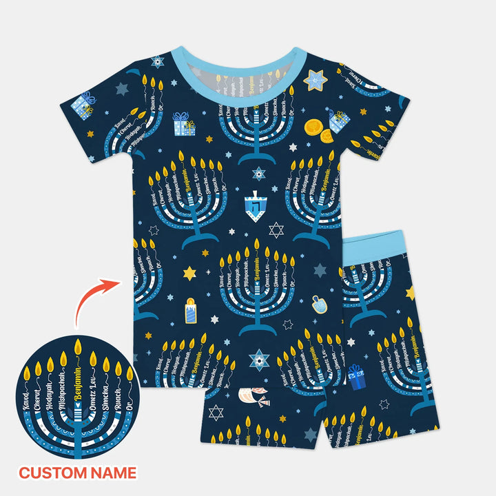 Hanukkah Custom Name Two Piece Short Sleeve Shorts Pajama Set