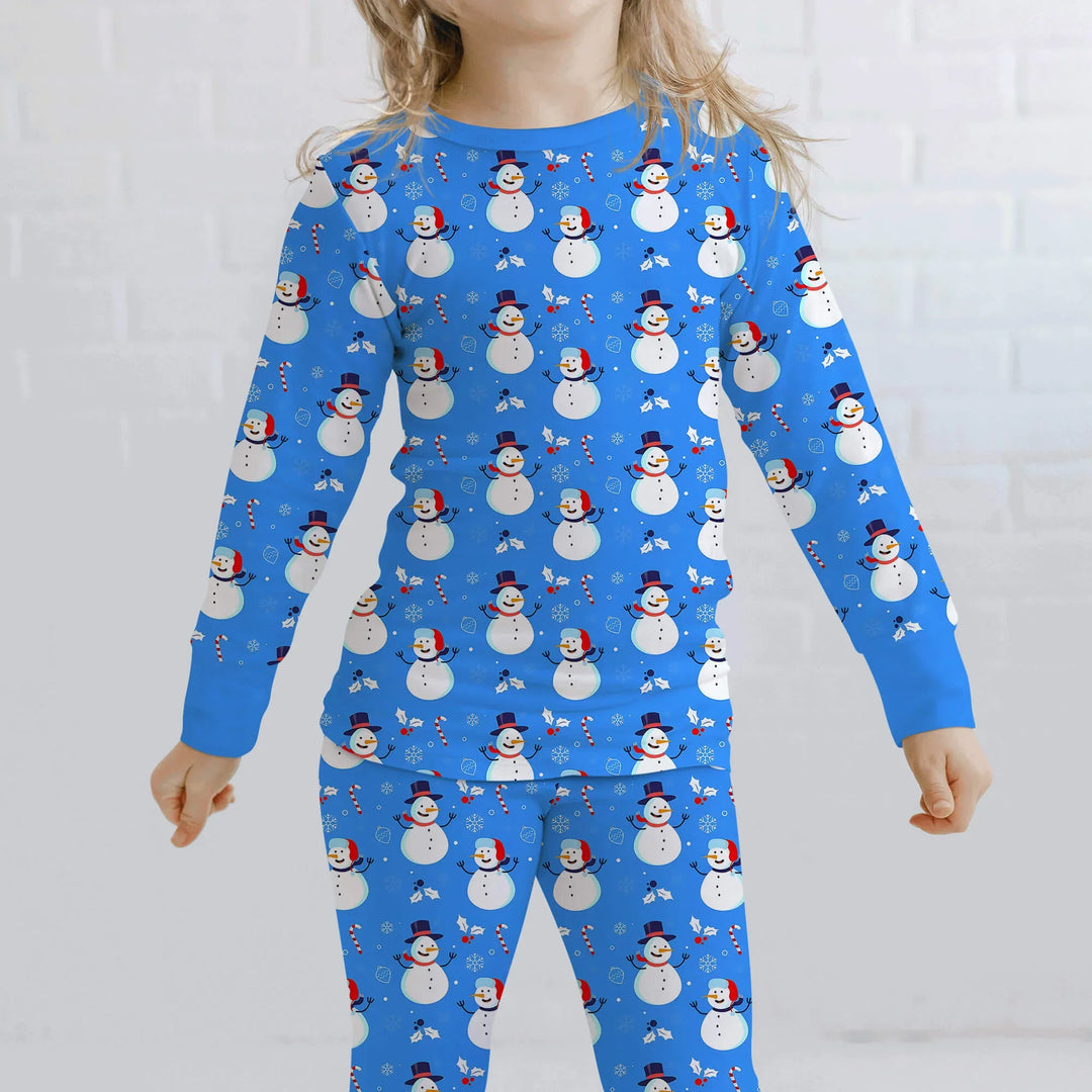 Blaues, zweiteiliges Weihnachtspyjama-Set mit Schneemann