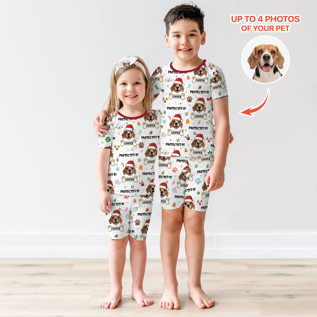 Custom Dog Photo "Protected By" Christmas Two Piece Short Sleeve Shorts Pajama Set