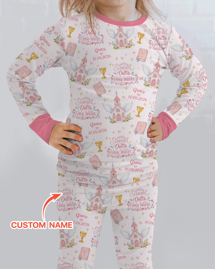 Custom Name Baptism Christening Straight Outta Holy Water Bamboo Two Piece Long Sleeve Pajama Set
