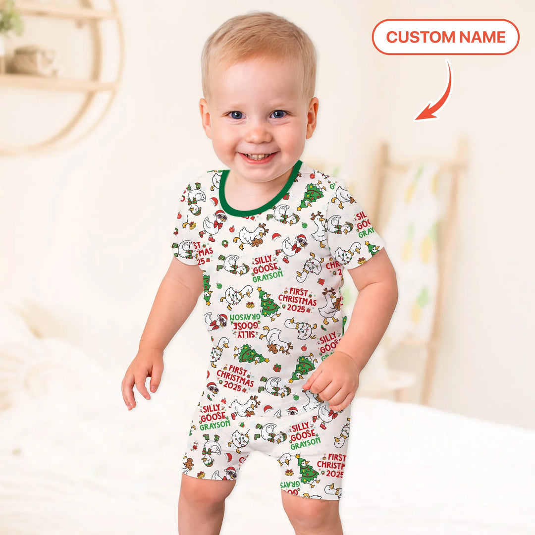 Custom Name "Silly Goose" Two Piece Short Sleeve Shorts Pajama Set (Green) , Custom Name "Silly Goose" Two Piece Short Sleeve Shorts Pajama Set (Green) - 12-18M