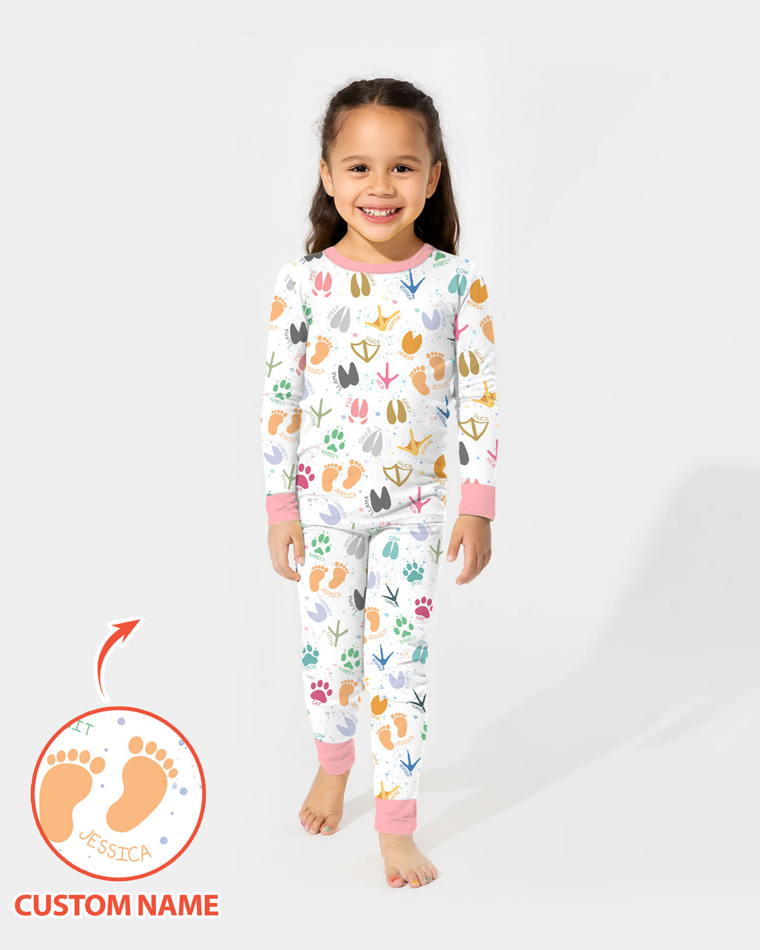 Cute Farm Animal Tracks Custom Name Bamboo Two Piece Long Sleeve Pajama Set