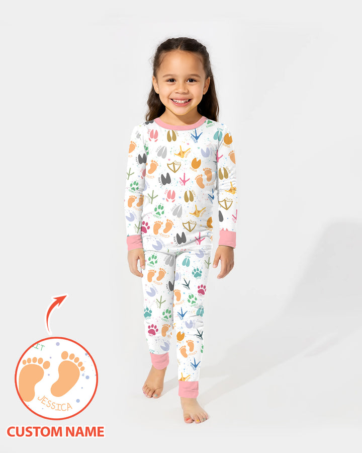 Cute Farm Animal Tracks Custom Name Bamboo Two Piece Long Sleeve Pajama Set