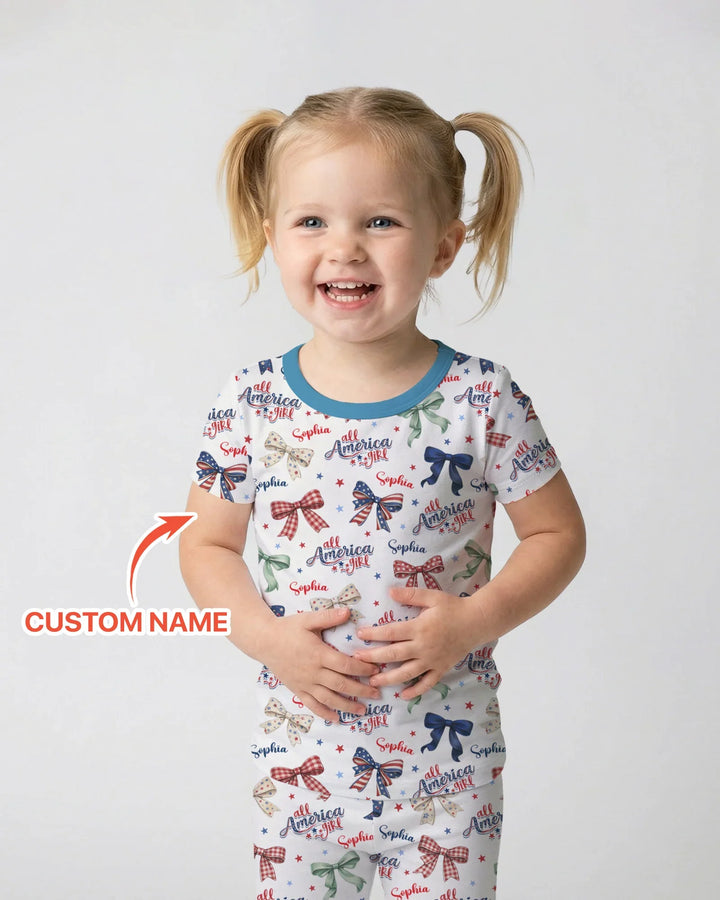 Custom Name All American Girl Bamboo Two Piece Short Sleeve Pajama Set