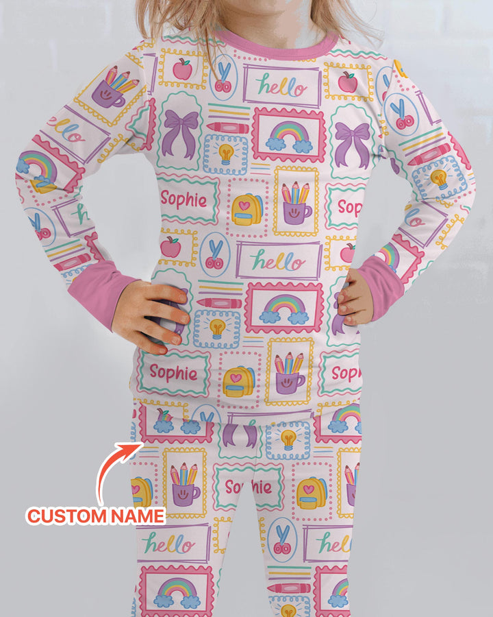 Custom Name Hello School Bamboo Two Piece Long Sleeve Pajama Set