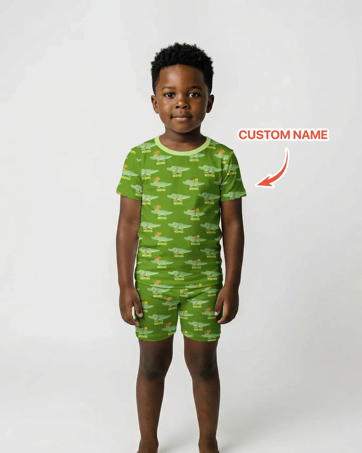 Custom Name Mardi Gras Gator Two Piece Short Sleeve Shorts Pajama Set