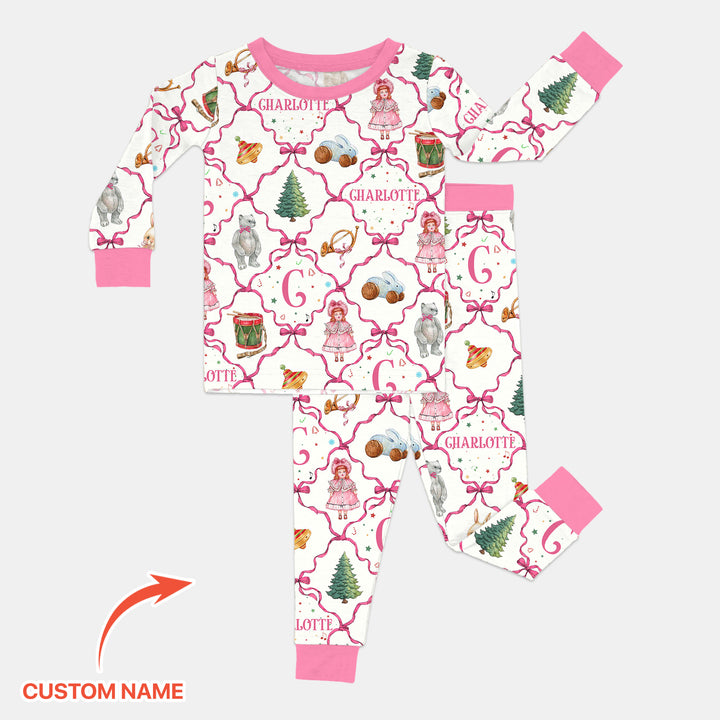 Vintage Christmas Toy Custom Name Girl Two Piece Long Sleeve Pajama Set