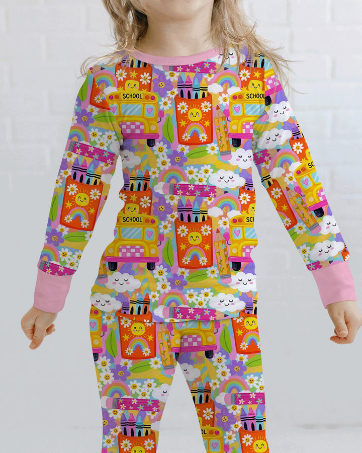 Retro Happy Classroom Bamboo Two Piece Long Sleeve Pajama Set