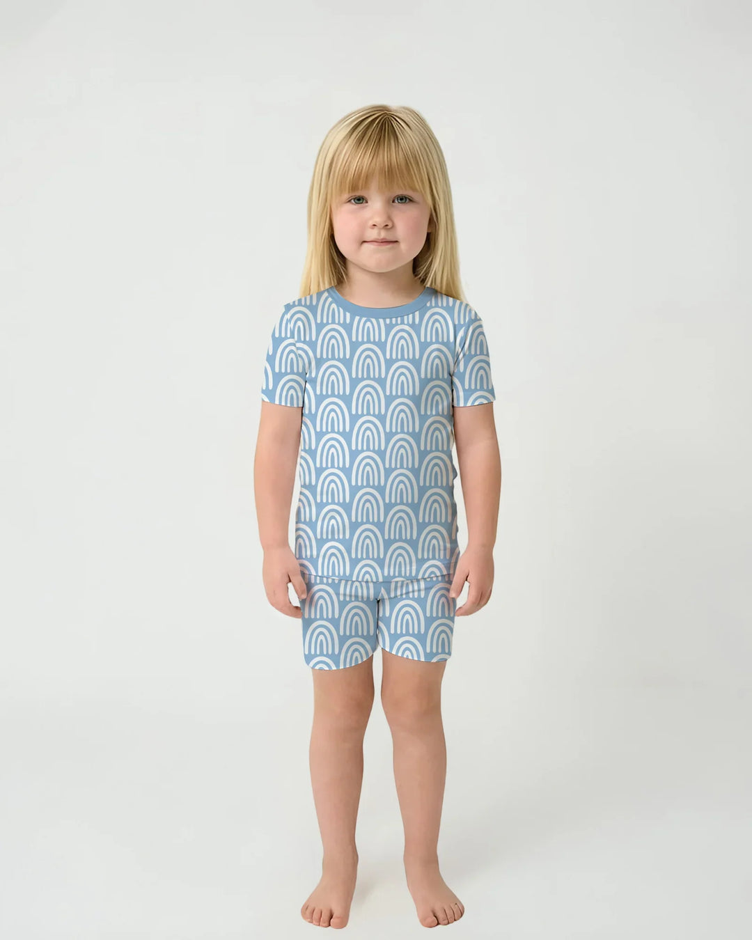Sky Blue Rainbows Bamboo Two Piece Short Sleeve Shorts Pajama Set