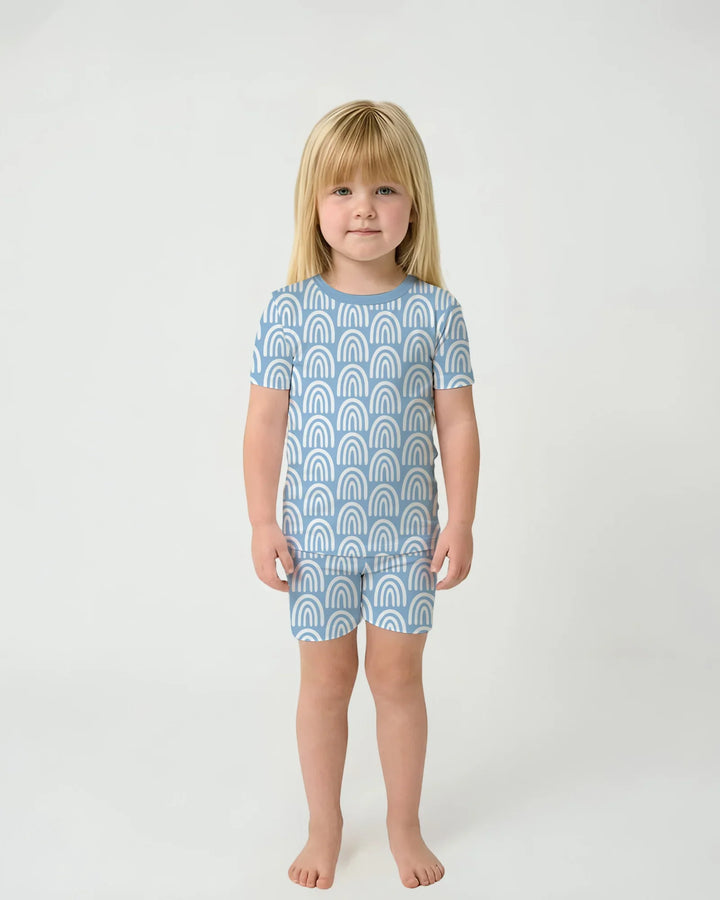 Sky Blue Rainbows Bamboo Two Piece Short Sleeve Shorts Pajama Set