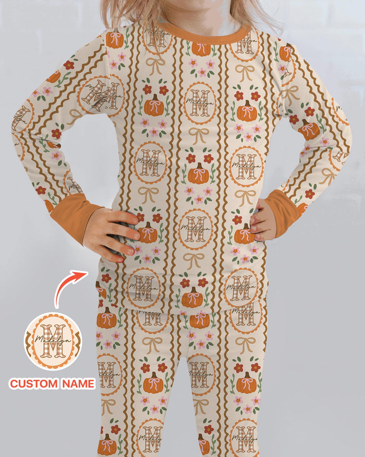 Custom Name Pumpkin Cottage Bamboo Two Piece Long Sleeve Pajama Set