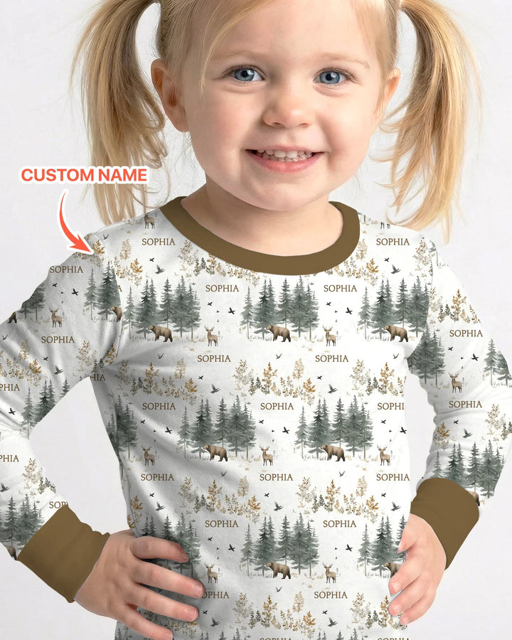 Custom Name Forest Bear Deer Bamboo Two Piece Long Sleeve Pajama Set