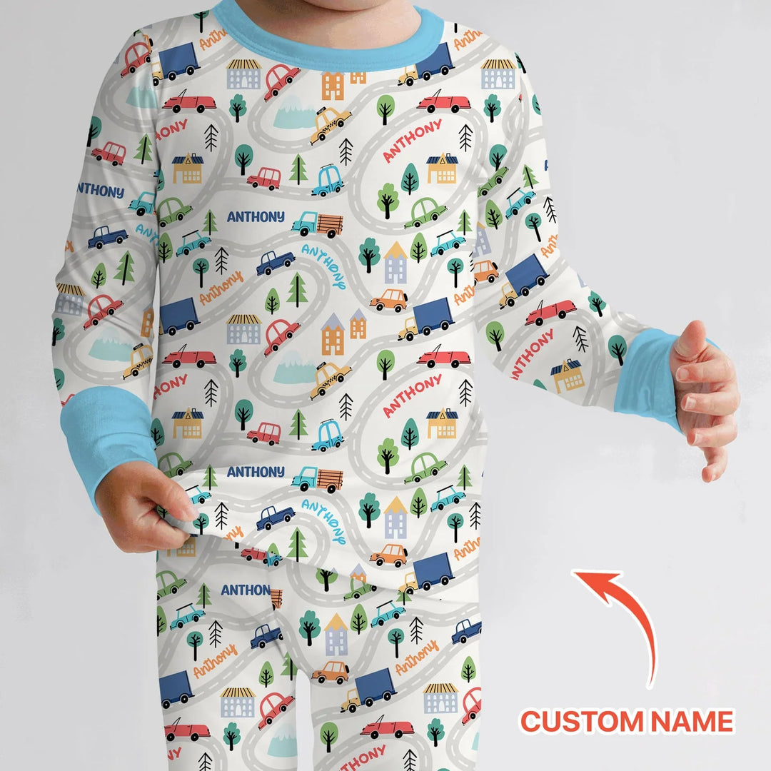 Custom Name Road Map Two Piece Long Sleeve Pajama Set