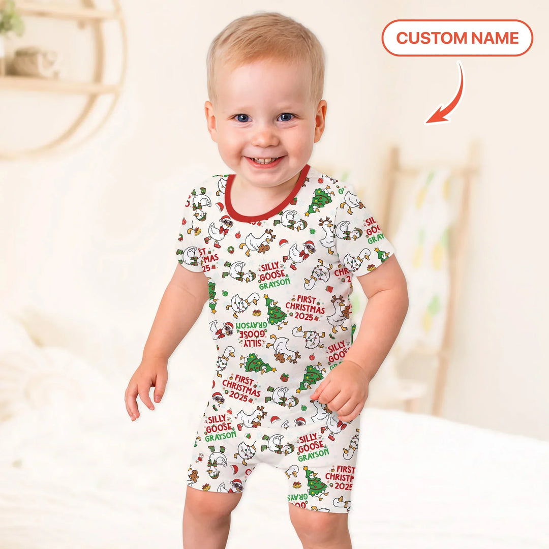 Custom Name "Silly Goose" Two Piece Short Sleeve Shorts Pajama Set (Red) , Custom Name "Silly Goose" Two Piece Short Sleeve Shorts Pajama Set (Red) - 12-18M