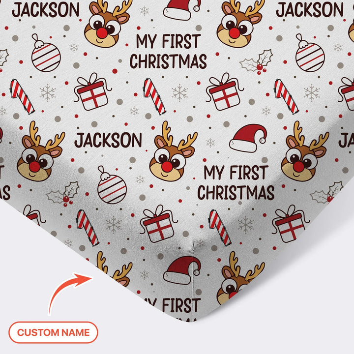 Custom Name Reindeer Doodle My First Christmas Fitted Crib Sheet