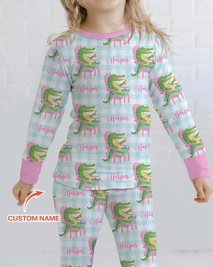 Custom Name Preppy Later Gator Bamboo Two Piece Long Sleeve Pajama Set