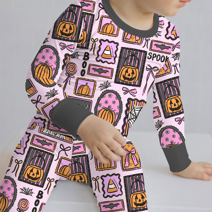 Spooky Frames Two Piece Long Sleeve Pajama Set For Halloween