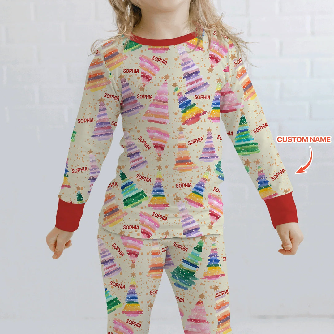Personalized Twinkle Christmas Trees Two Piece Long Sleeve Pajama Set