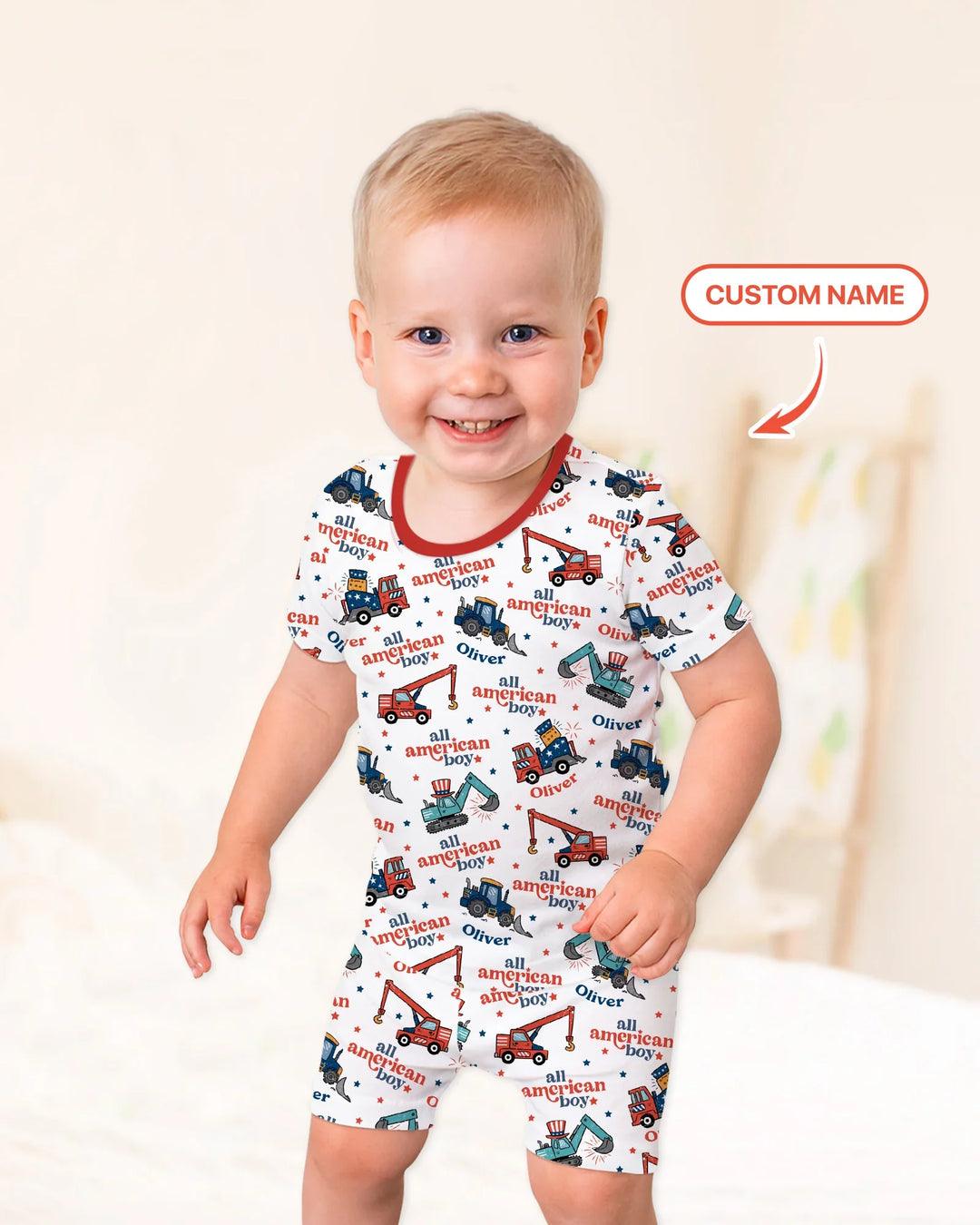 Nombre Personalizado Niño Americano Pijama de Dos Piezas de Bambú de Manga Corta y Pantalón Corto