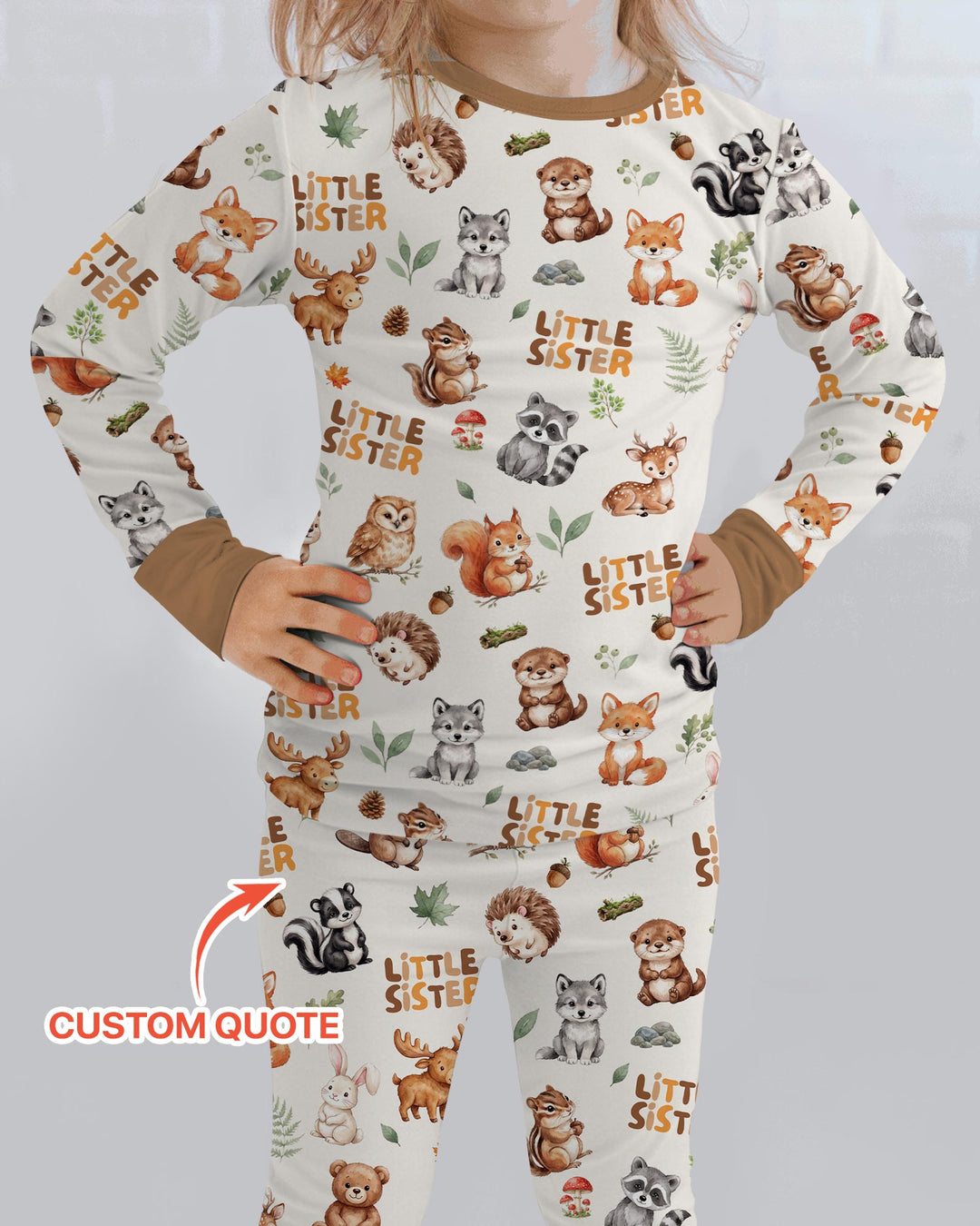 Custom Quote Woodland Animal Matching Sibling Bamboo Two Piece Long Sleeve Pajama Set