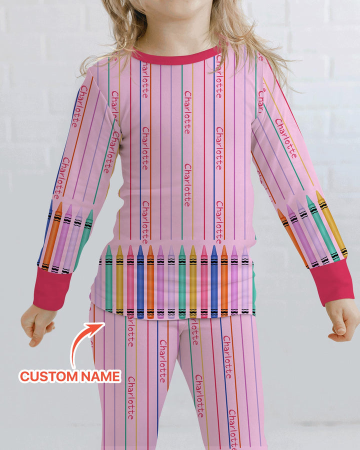 Custom Name Crayon Lines Bamboo Two Piece Long Sleeve Pajama Set