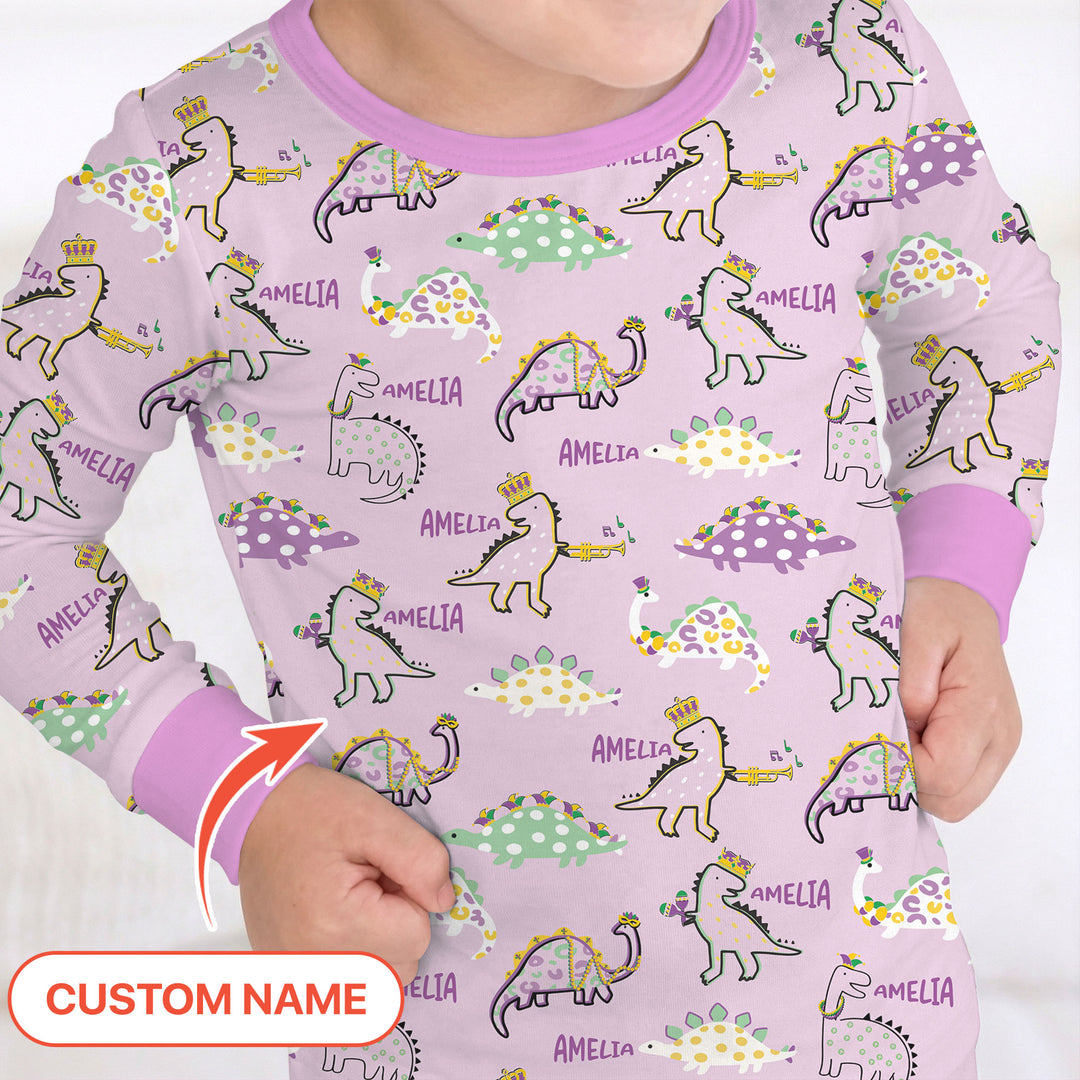 Custom Name Mardi Gras Saurus Two Piece Long Sleeve Pajama Set