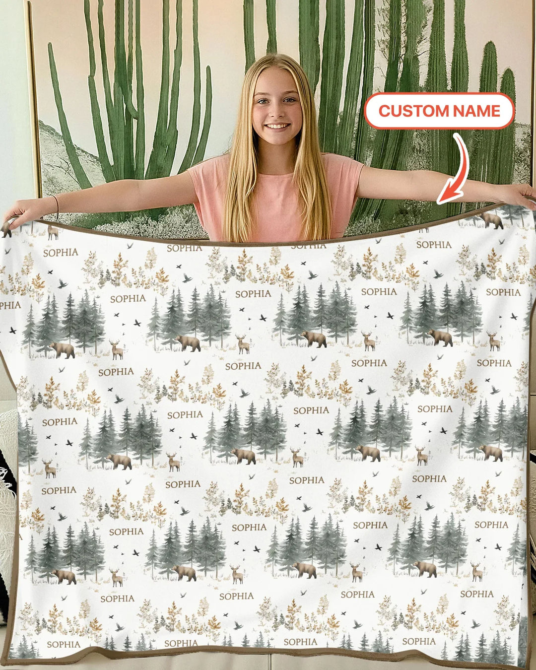 Manta de bambú personalizada con nombre, bosque, oso, ciervo