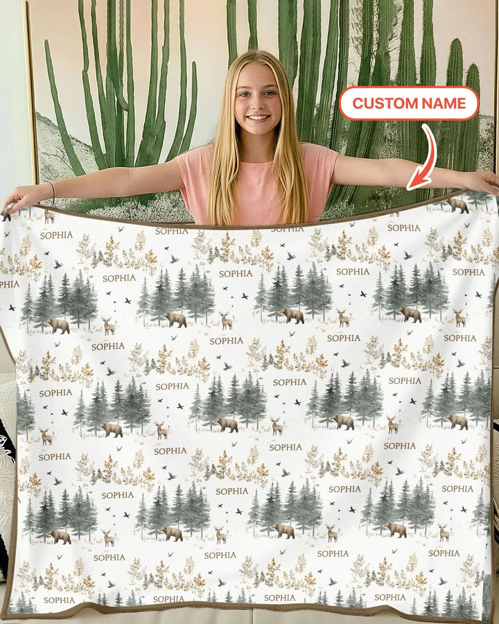 Manta de bambú personalizada con nombre, bosque, oso, ciervo