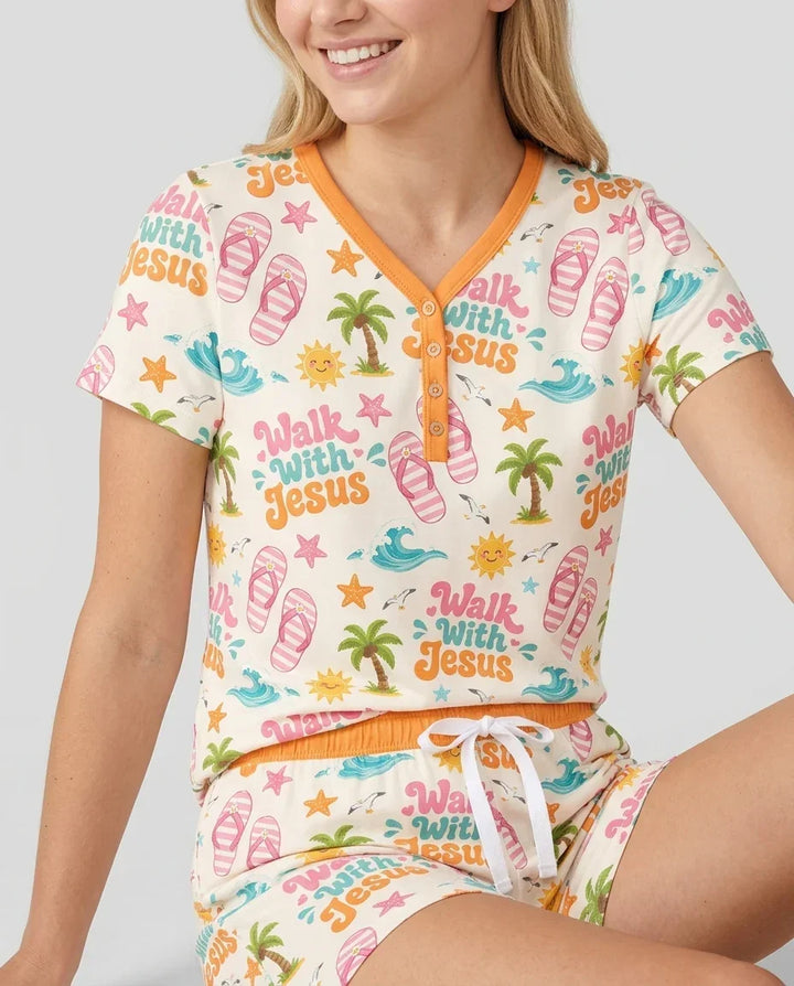 Groovy Summer Walk With Jesus Bamboo Women Short Sleeve Short Pajama Set