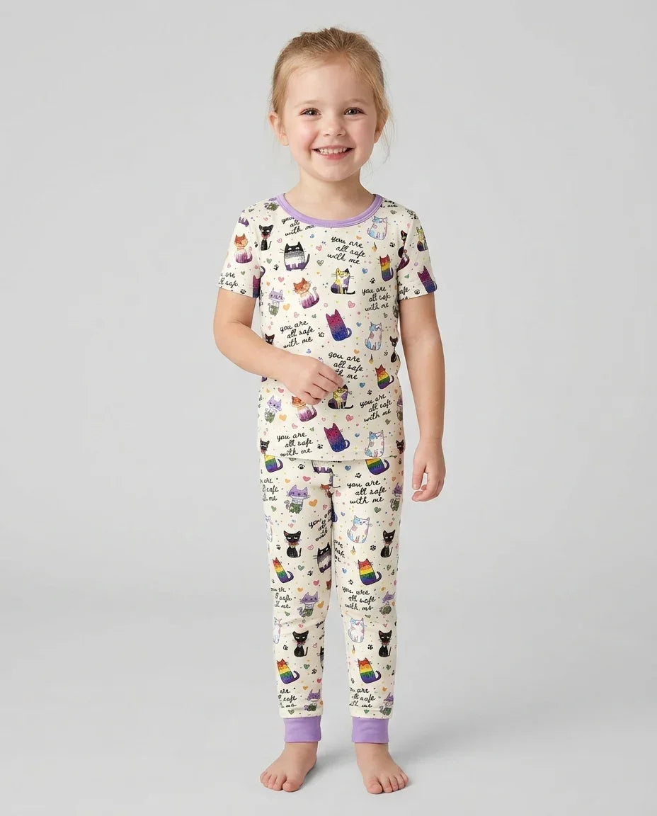 Loved & Safe Kitties Family Matching Bamboo Two Piece Short Sleeve Pajama Set