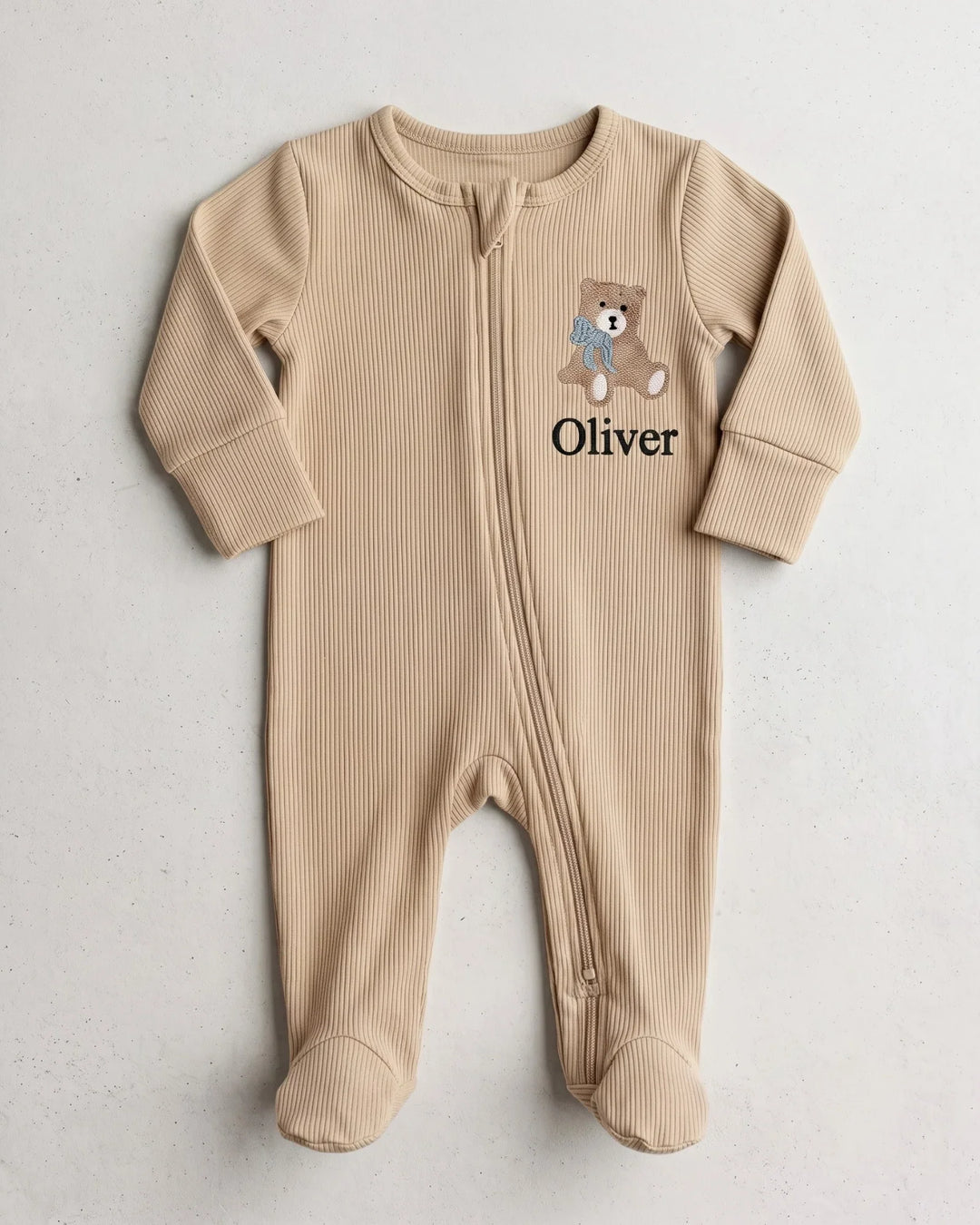 Personalized Teddy Bear Embroidered Ribbed Bamboo Zipper Footie